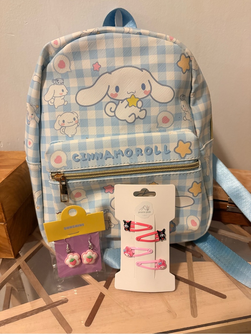 Sanrio Cinnamoroll Light Blue Gingham Mini Backpack Bundle with Earrings & Hair